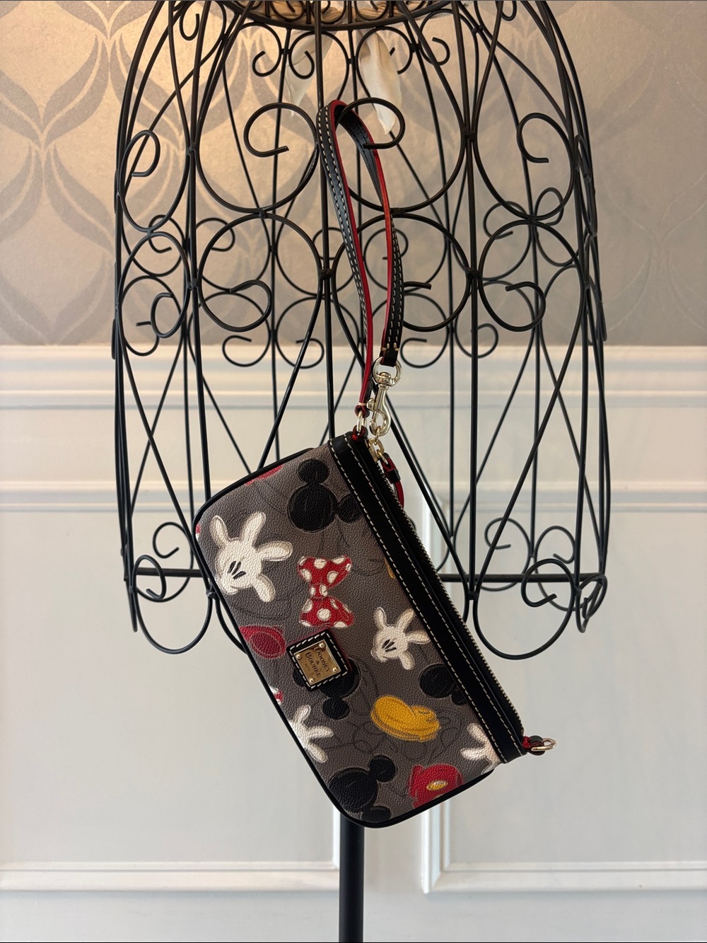 Dooney & Bourke Gray Mickey Pattern Zip Wristlet with Red & Yellow Accents